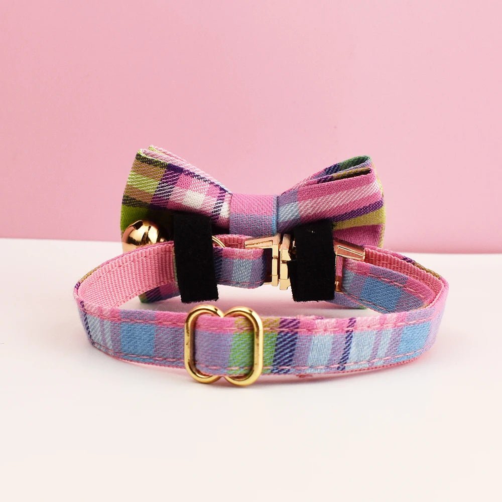 Petspuff Personalised Plaid Cat Collar with Bow Tie – Adjustable Safety Buckle & Name Tag