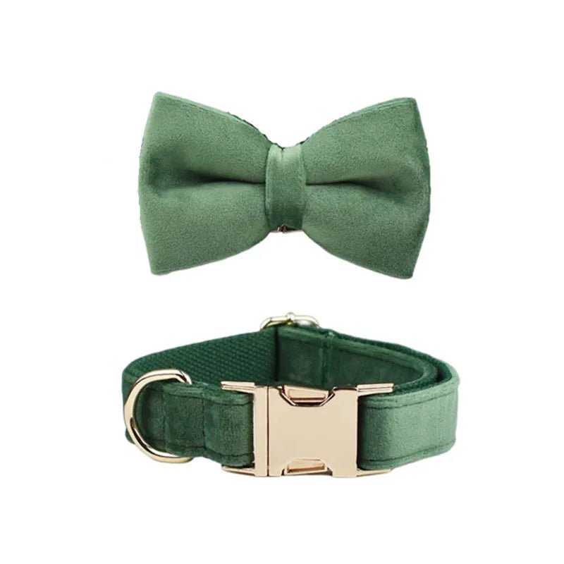 Petspuff Personalised Forest Green Velvet Dog Collar & Lead Set – Engraved Name Tag, Bow & Harness - Petspuff