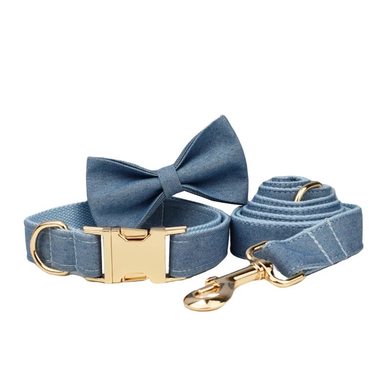 Petspuff Personalised Blue Denim Cotton Dog Collar, Harness & Lead Set – Engraved Name Tag & Bow