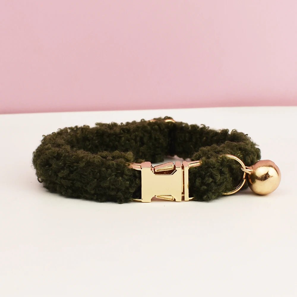 Petspuff Personalised Teddy Fleece Cat Collar with Bell & Bow Tie – Engraved Name Tag
