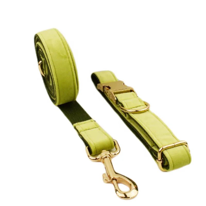 Petspuff Personalised Avocado Green Velvet Dog Collar & Lead Set – Engraved Name Tag, Bow & Harness - Petspuff