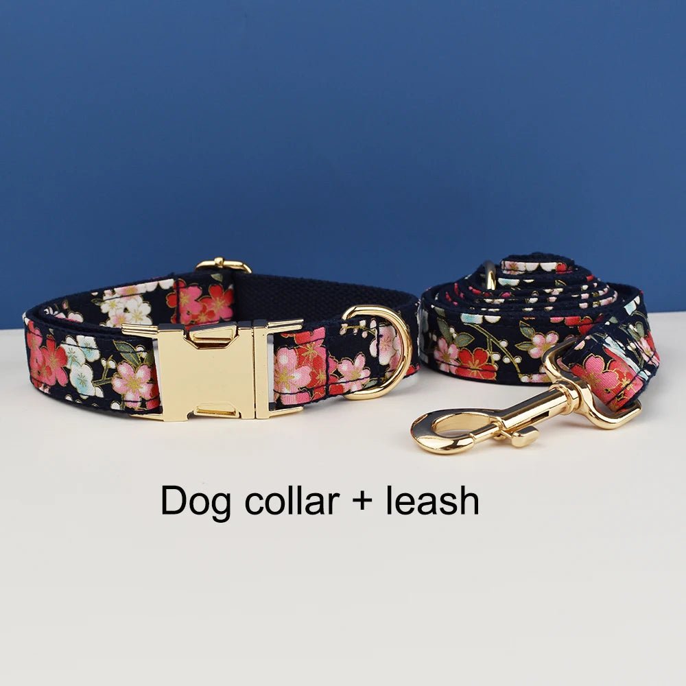 Petspuff Personalised Floral Cotton Dog Collar, Harness & Lead Set – Engraved Name Tag & Bow | Style 03