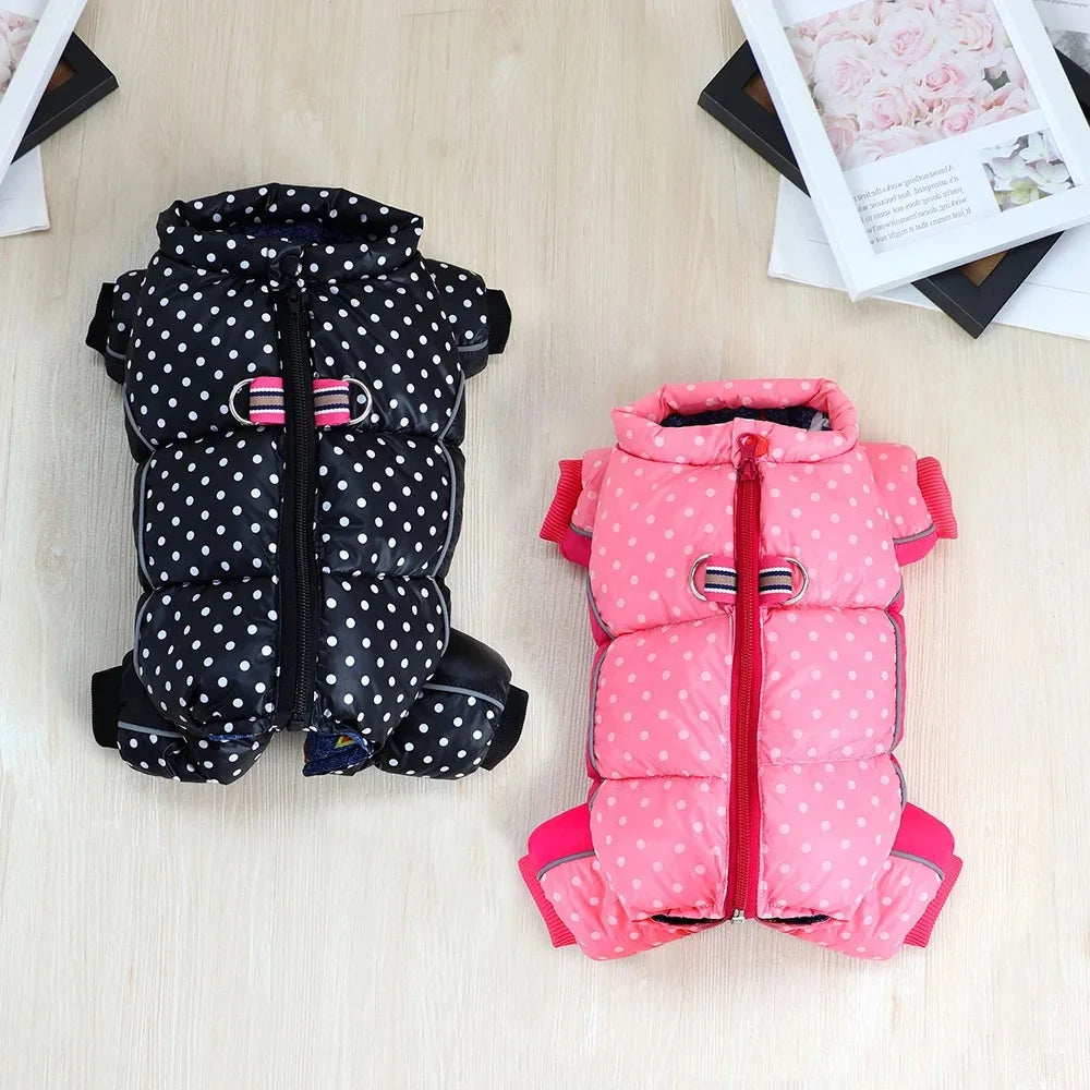 Petspuff Polka Dot Fleece Dog Jumpsuit – Windproof Zip Coat with D-Ring | Small Dogs