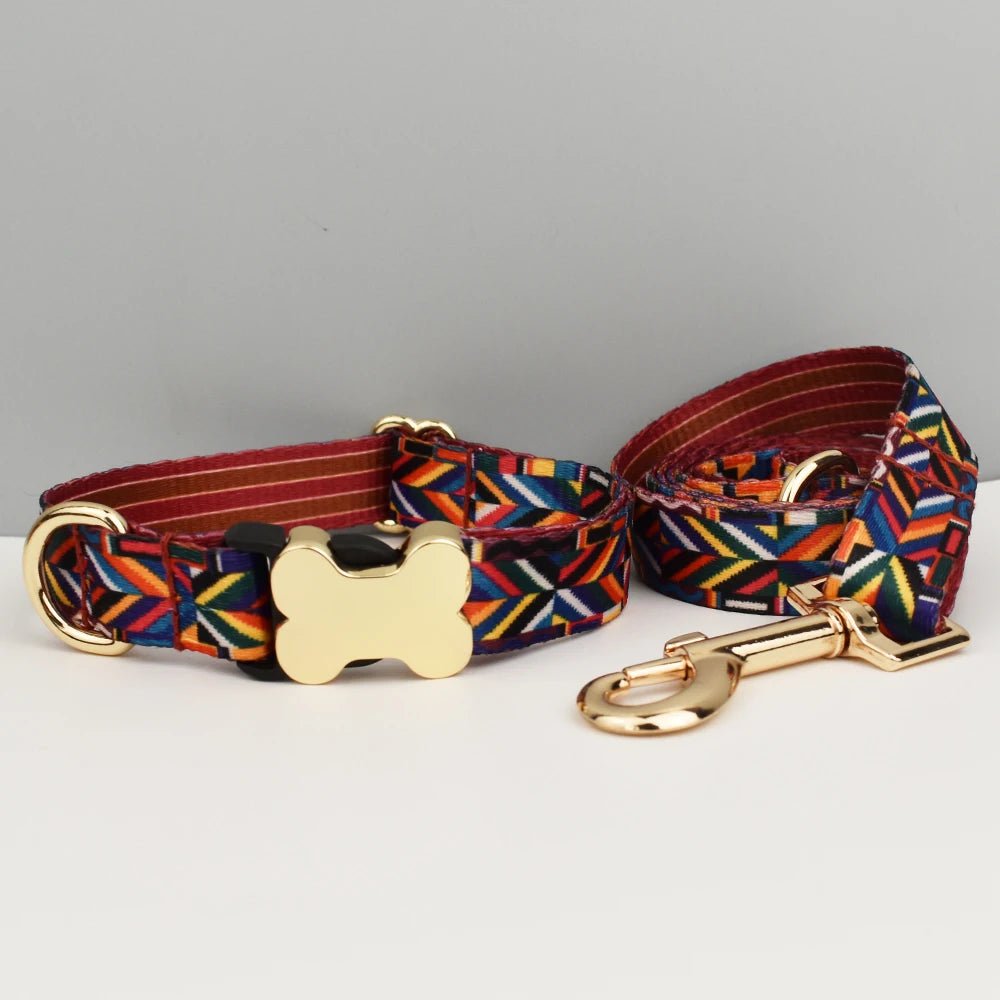 Petspuff Personalised Boho Dog Collar & Lead – Engraved Nameplate | 5 Designs, S–XL