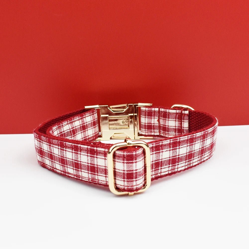 Petspuff Personalised Red Plaid Dog Collar, Harness & Lead Set – Engraved Name Tag & Bow | Style 28