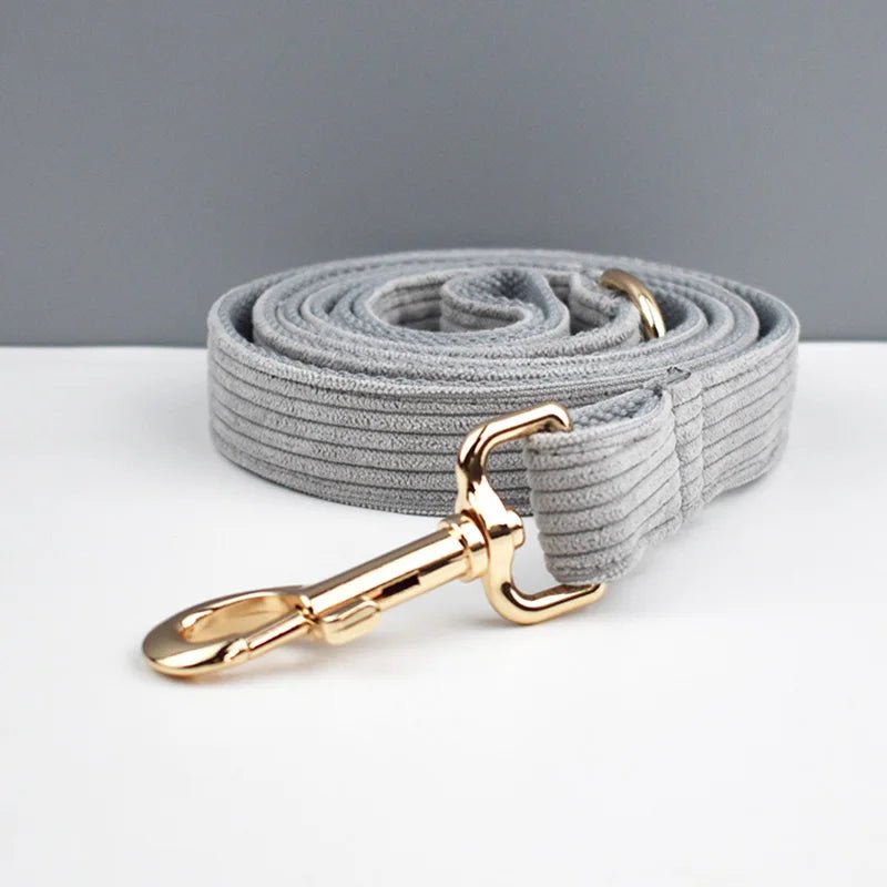 Petspuff Personalised Light Grey Corduroy Dog Collar & Lead Set – Engraved Name Tag, Bow & Harness