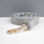 Petspuff Personalised Light Grey Corduroy Dog Collar & Lead Set – Engraved Name Tag, Bow & Harness