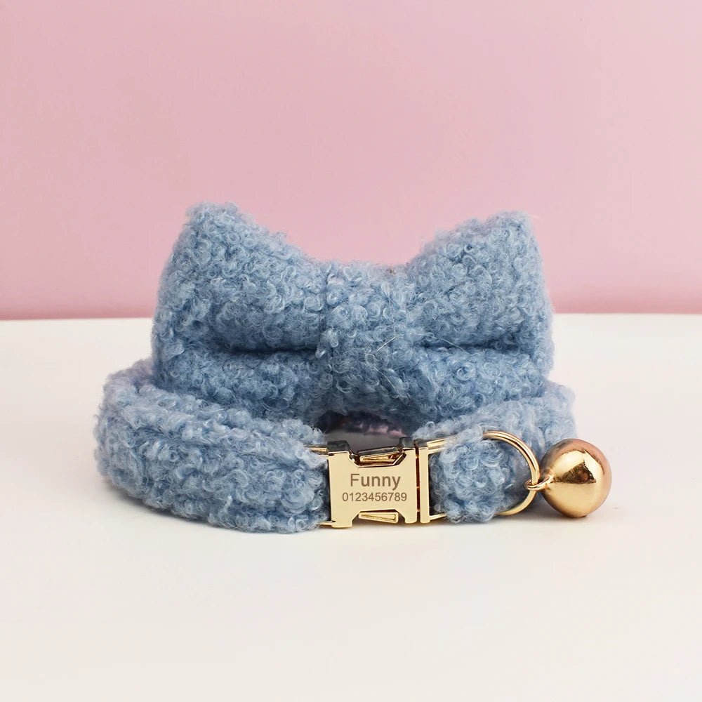 Petspuff Personalised Teddy Fleece Cat Collar with Bell & Bow Tie – Engraved Name Tag