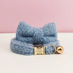 Petspuff Personalised Teddy Fleece Cat Collar with Bell & Bow Tie – Engraved Name Tag
