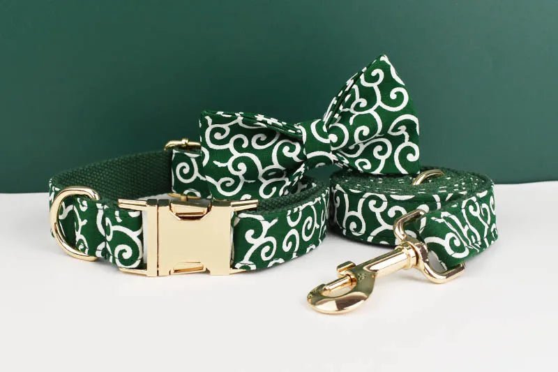 Petspuff Green Leaf Print Cotton Dog Collar, Harness & Lead Set with Bow – XS–XL
