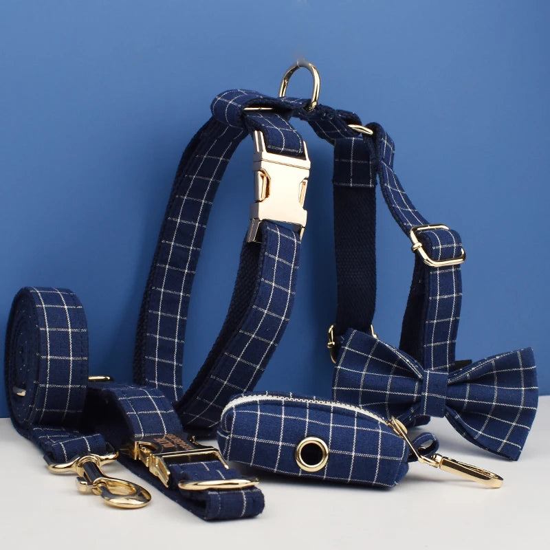Petspuff Personalised Navy Check Dog Collar & Lead Set – Engraved Name Tag, Bow & Harness