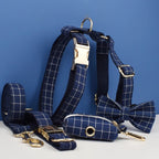 Petspuff Personalised Navy Check Dog Collar & Lead Set – Engraved Name Tag, Bow & Harness