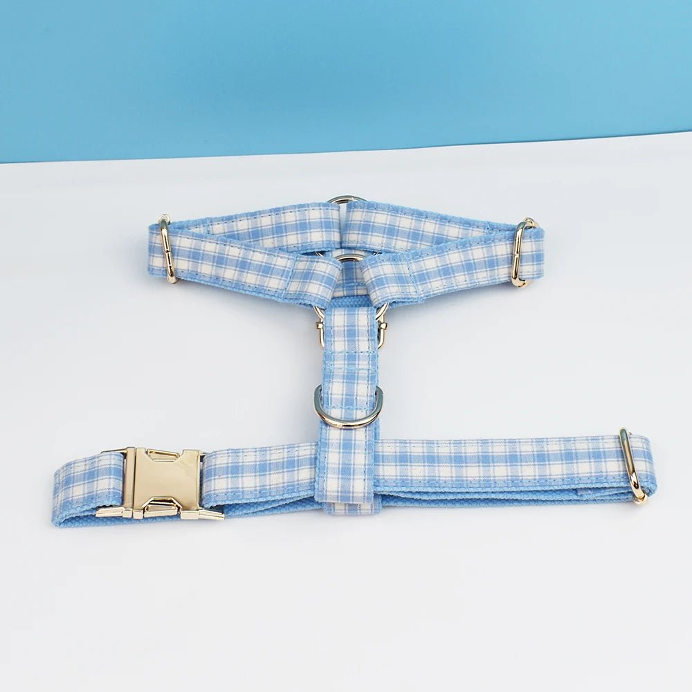 Petspuff Personalised Plaid Dog Collar, Harness & Lead Set – Engraved Name Tag & Bow | Style 29