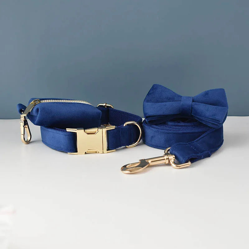 Petspuff Personalised Velvet Dog Collar, Lead & Poop Bag Holder – Engraved Name & Phone | French Bulldog