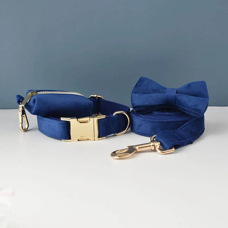 Petspuff Personalised Velvet Dog Collar, Lead & Poop Bag Holder – Engraved Name & Phone | French Bulldog