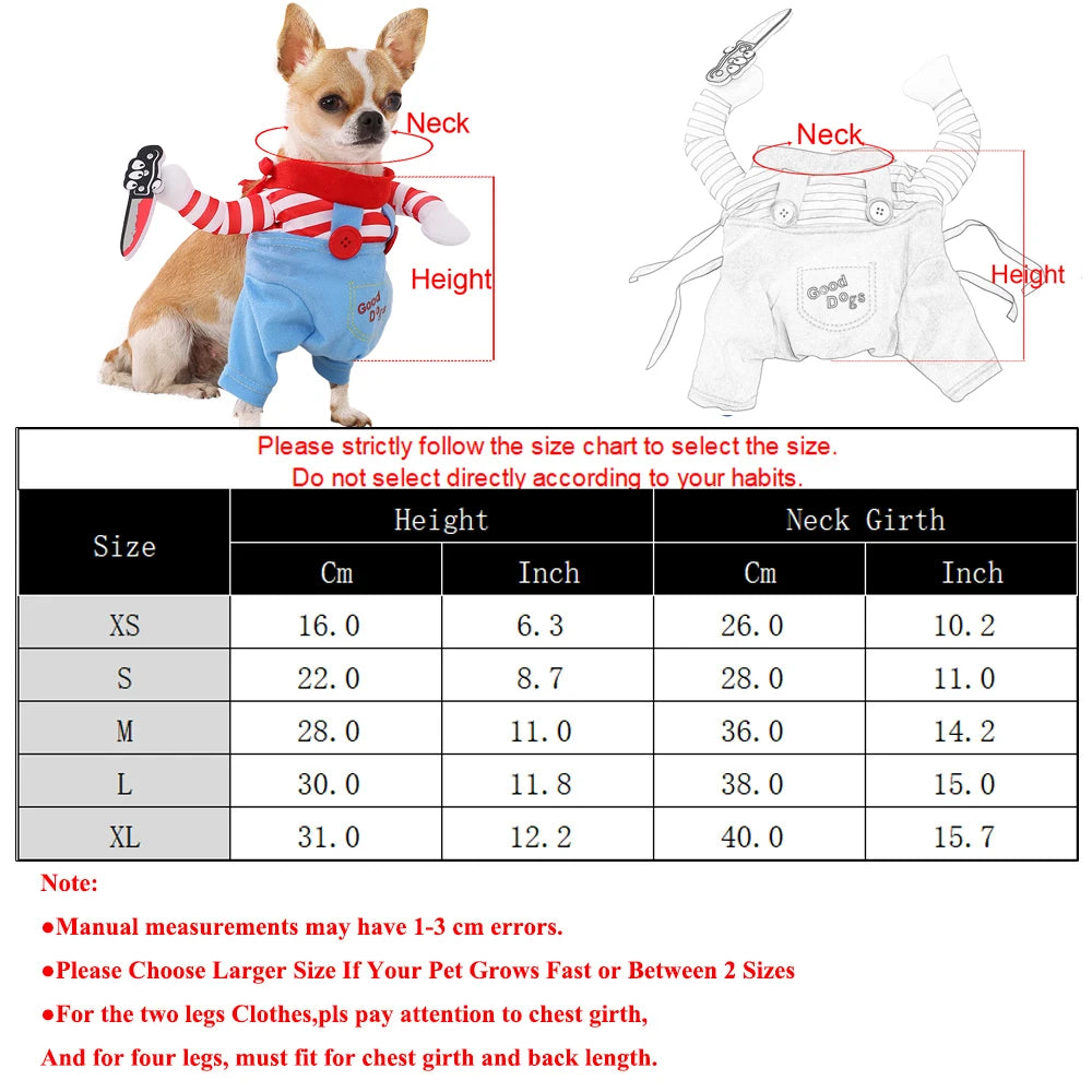 Petspuff Killer Doll Halloween Costume – Striped Dungarees with Toy Knife | Small Dogs & Cats