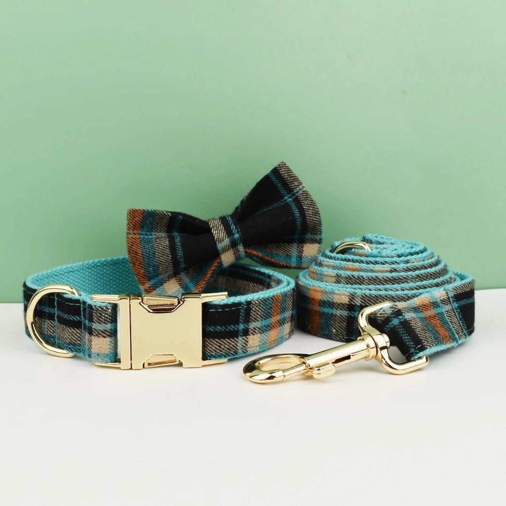 Petspuff Plaid Dog Collar, Harness & Lead Set with Bow – 4-Piece Walking Set | XS–XL