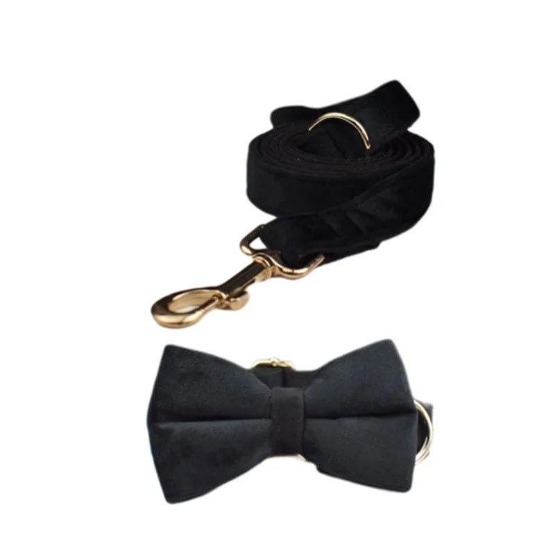 Petspuff Personalised Black Velvet Dog Collar & Lead Set – Engraved Name Tag, Bow & Harness