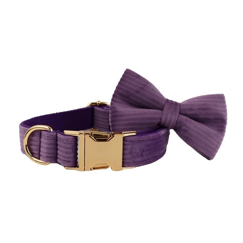 Petspuff Personalised Corduroy Dog Collar & Lead Set – Engraved Name Tag, Bow, Harness & Poop Bag
