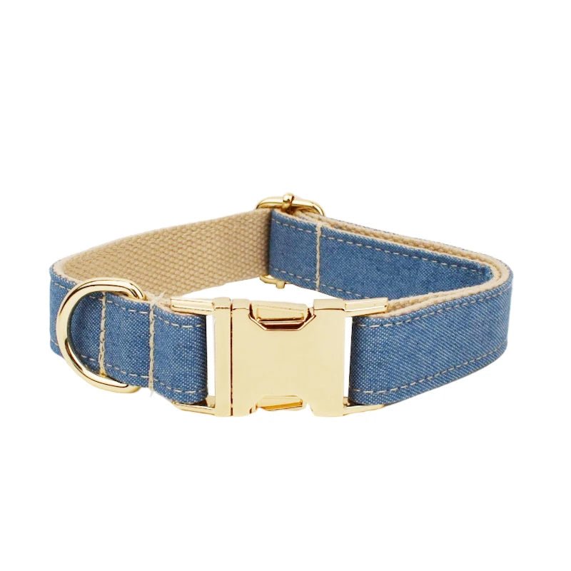 Petspuff Personalised Denim Print Dog Collar & Lead Set – Engraved Name Tag, Bow & Harness