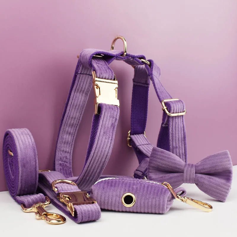 Petspuff Personalised Corduroy Dog Collar & Lead Set – Engraved Name Tag, Bow, Harness & Poop Bag