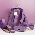 Petspuff Personalised Corduroy Dog Collar & Lead Set – Engraved Name Tag, Bow, Harness & Poop Bag