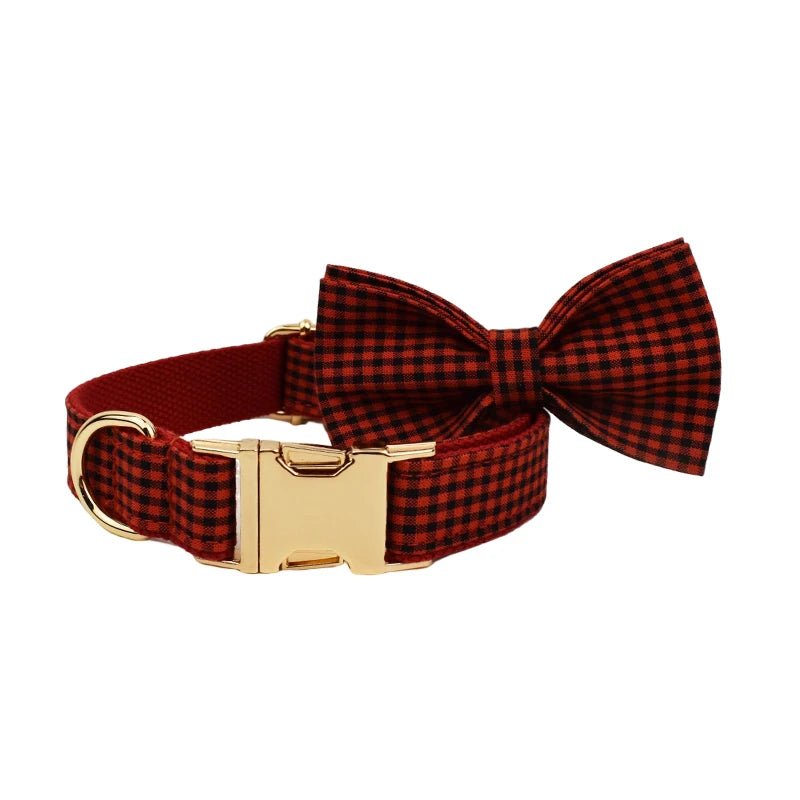 Petspuff Personalised Grey Check Dog Collar & Lead Set – Engraved Name Tag, Bow & Harness - Petspuff