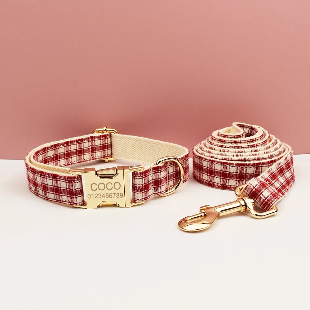 Petspuff Personalised Red Plaid Dog Collar, Harness & Lead Set – Engraved Name Tag & Bow | Christmas