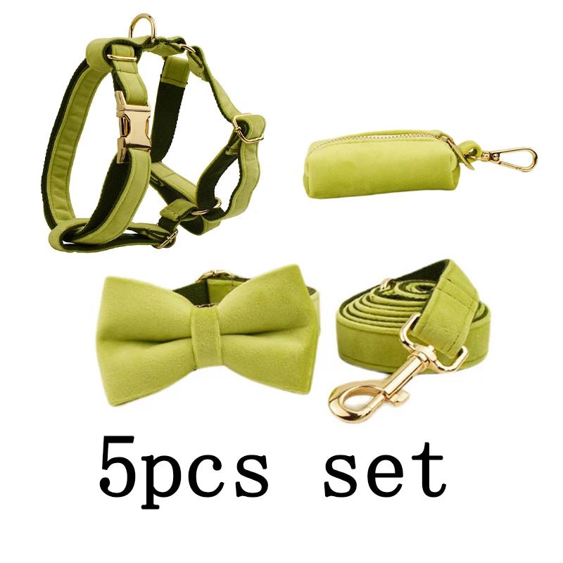 Petspuff Personalised Avocado Green Velvet Dog Collar & Lead Set – Engraved Name Tag, Bow & Harness - Petspuff