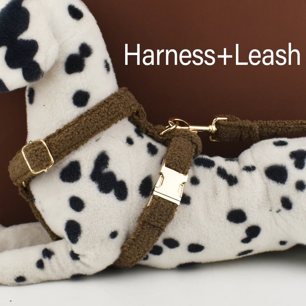 Petspuff Personalised Teddy Fleece Dog Collar & Lead Set – Engraved Name Tag, Harness | 4 Colours - Petspuff