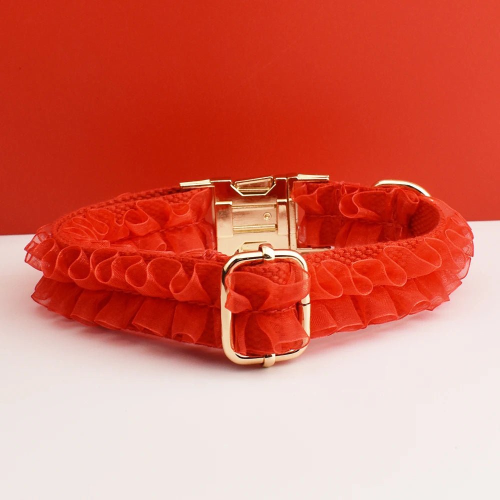 Petspuff Personalised Red Lace Wedding Dog Collar, Harness & Lead – Engraved Nameplate | 3-Piece Set