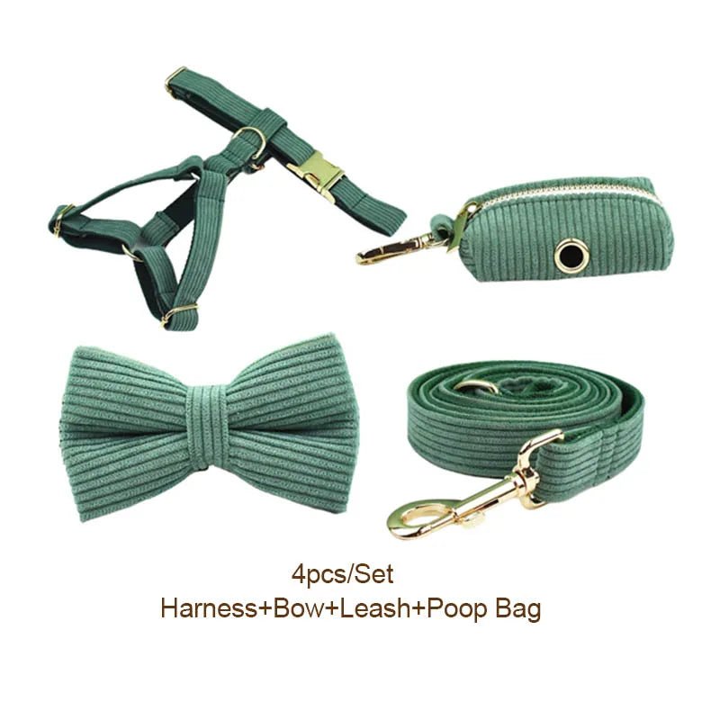 Petspuff Personalised Dark Green Corduroy Dog Collar & Lead Set – Engraved Name Tag, Bow & Harness - Petspuff