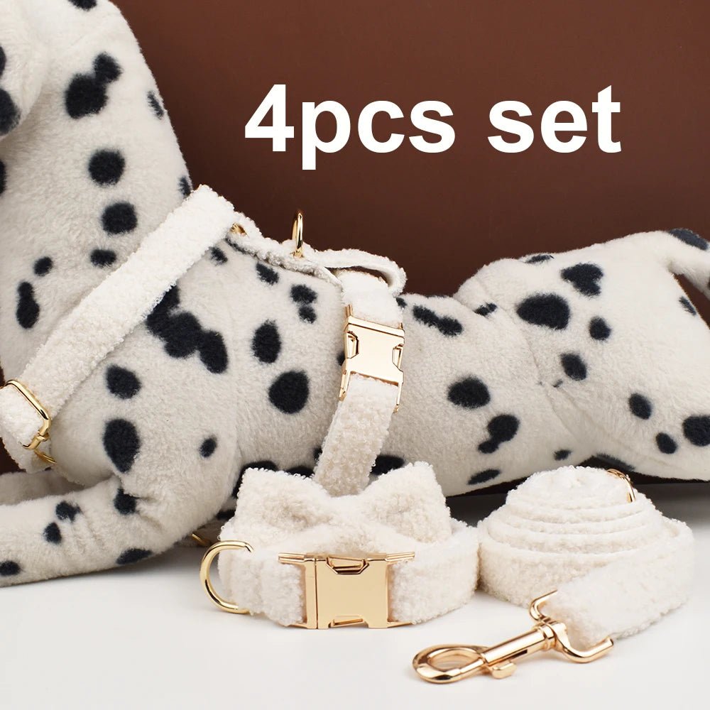 Petspuff Personalised Teddy Fleece Dog Collar & Lead Set – Engraved Name Tag, Harness | 4 Colours - Petspuff