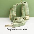 Petspuff Personalised Lime Green Dog Collar, Harness & Lead Set – Engraved Nameplate & Bow