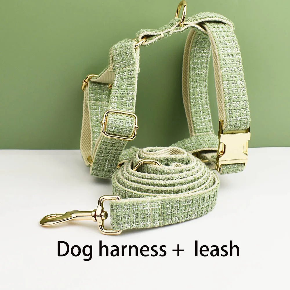 Petspuff Personalised Lime Green Dog Collar, Harness & Lead Set – Engraved Nameplate & Bow