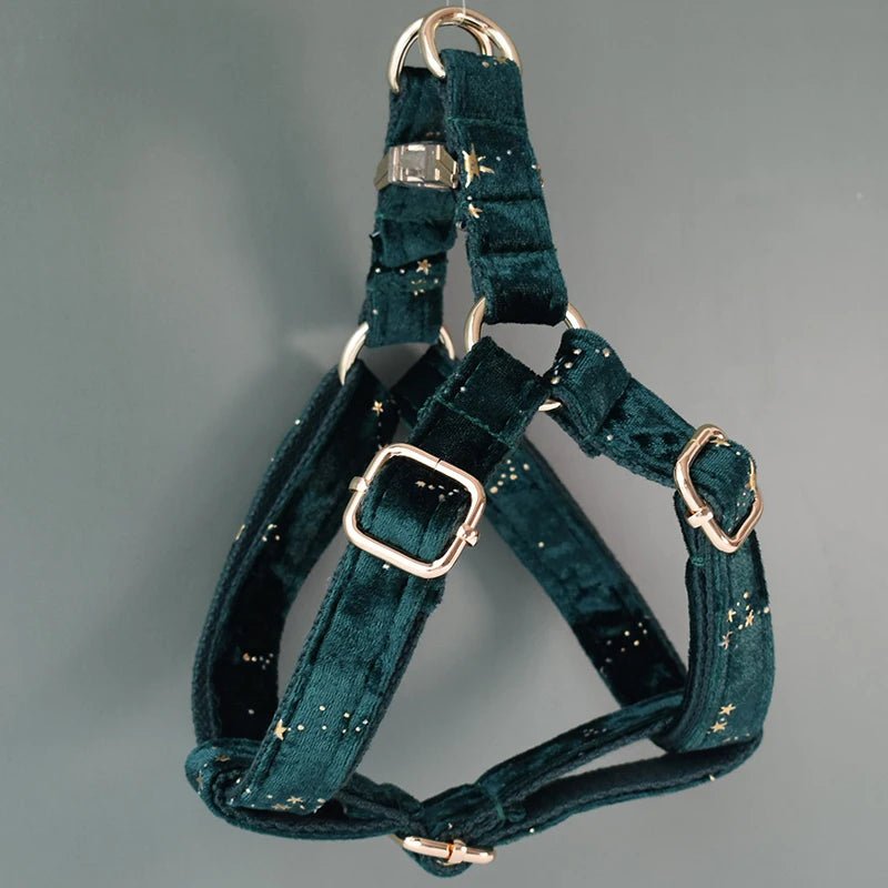 Petspuff Personalised Green Velvet Dog Harness & Lead – Engraved ID Tag, Gold Hardware & Bow - Petspuff