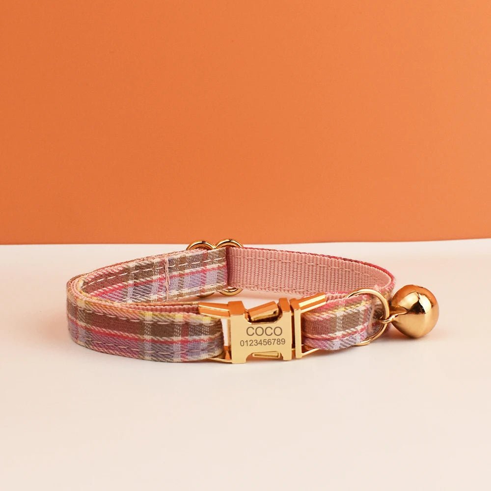 Petspuff Personalised Plaid Cat Collar with Bow Tie – Adjustable Safety Buckle & Name Tag