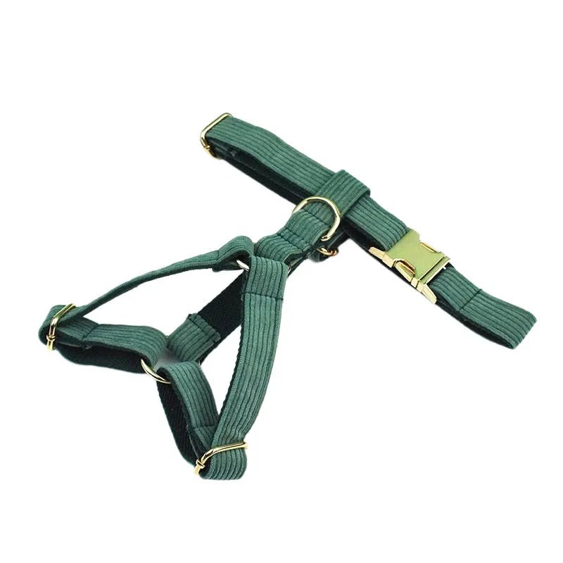Petspuff Personalised Dark Green Corduroy Dog Collar & Lead Set – Engraved Name Tag, Bow & Harness - Petspuff