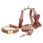 Petspuff Personalised Red Plaid Dog Collar, Harness & Lead Set – Engraved Name Tag & Bow | Christmas