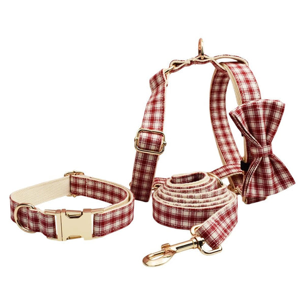 Petspuff Personalised Red Plaid Dog Collar, Harness & Lead Set – Engraved Name Tag & Bow | Christmas