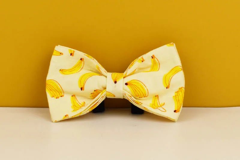 Petspuff Personalised Banana Print Dog Collar, Harness & Lead Set – Engraved Name Tag & Bow