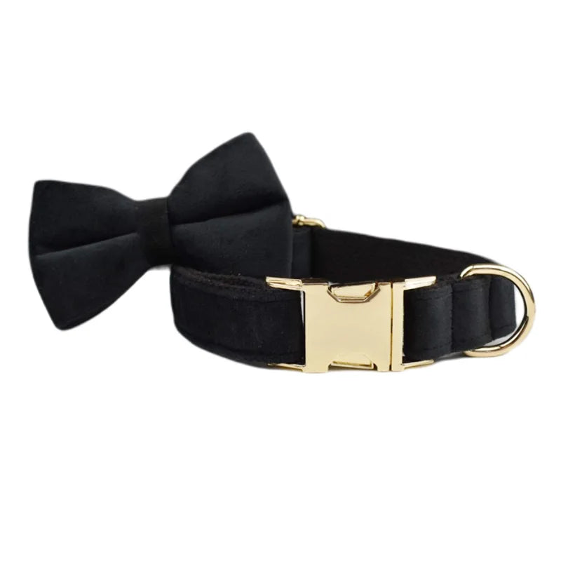 Petspuff Personalised Black Velvet Dog Collar & Lead Set – Engraved Name Tag, Bow & Harness