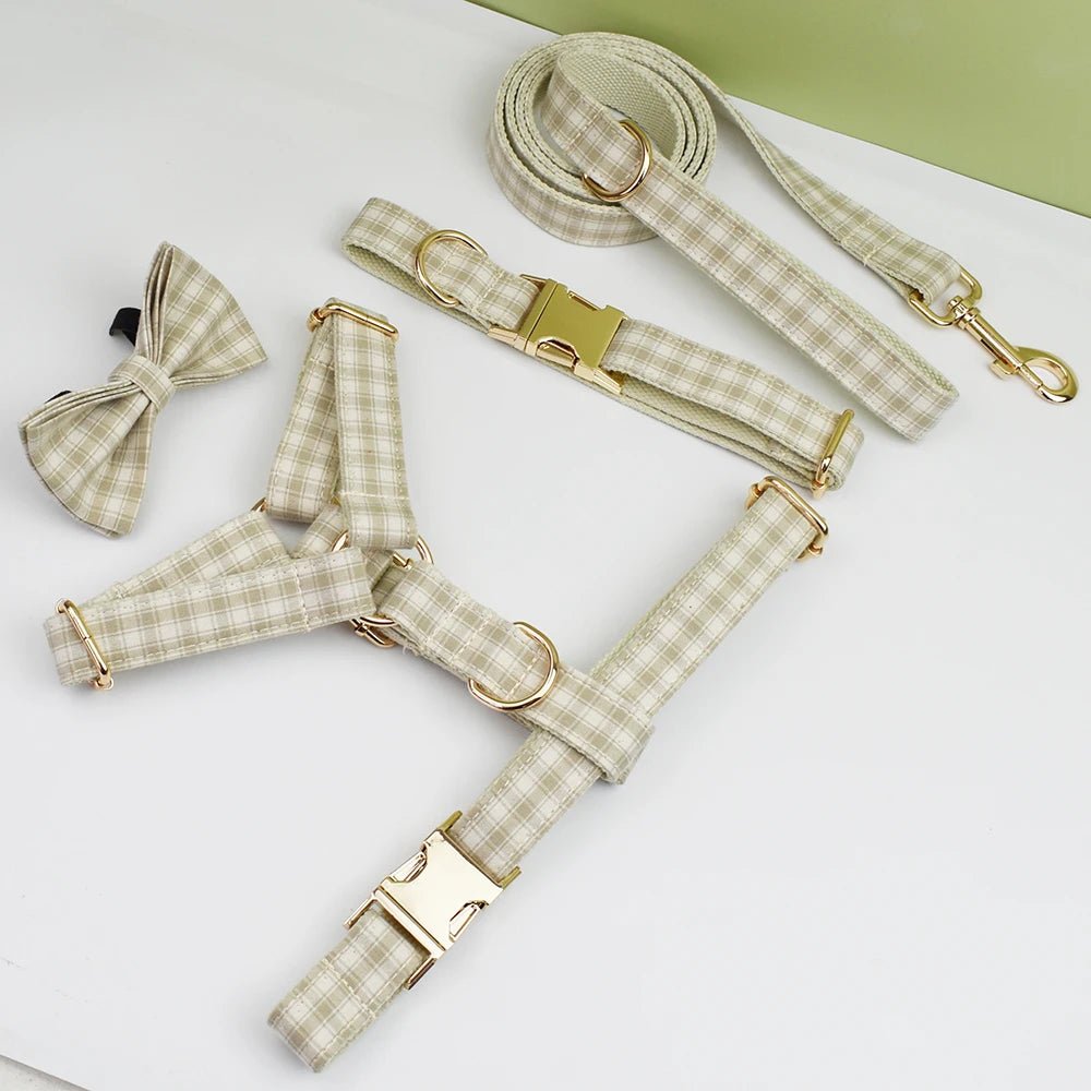 Petspuff Personalised Designer Plaid Dog Collar, Harness & Lead Set – Engraved Name Tag & Bow | Style 31
