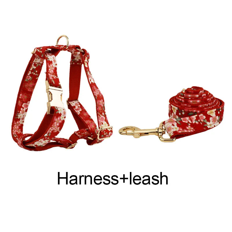 Petspuff Personalised Red Floral Cotton Dog Collar, Harness & Lead Set – Engraved Name Tag, Bow & Flower