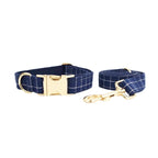 Petspuff Personalised Navy Check Dog Collar & Lead Set – Engraved Name Tag, Bow & Harness