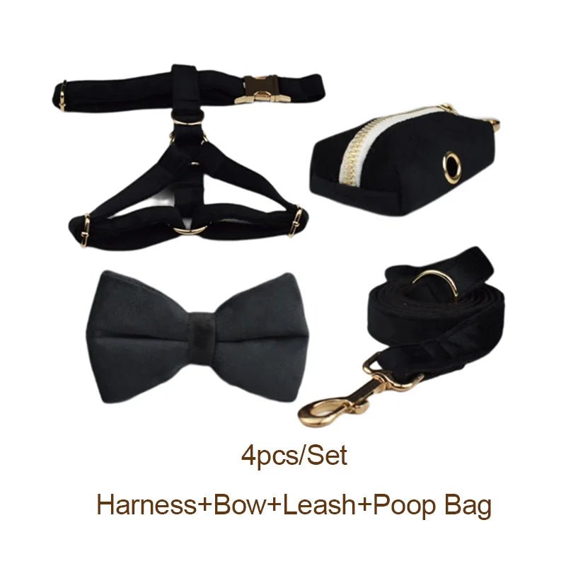 Petspuff Personalised Black Velvet Dog Collar & Lead Set – Engraved Name Tag, Bow & Harness