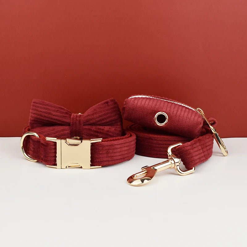 Petspuff Personalised Wine Red Corduroy Dog Collar & Lead Set – Engraved Name Tag, Bow & Harness