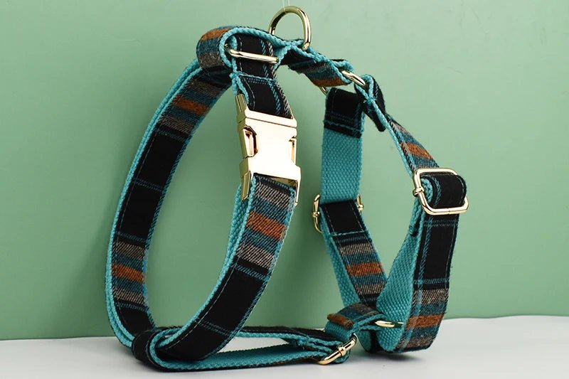 Petspuff Plaid Dog Collar, Harness & Lead Set with Bow – 4-Piece Walking Set | XS–XL
