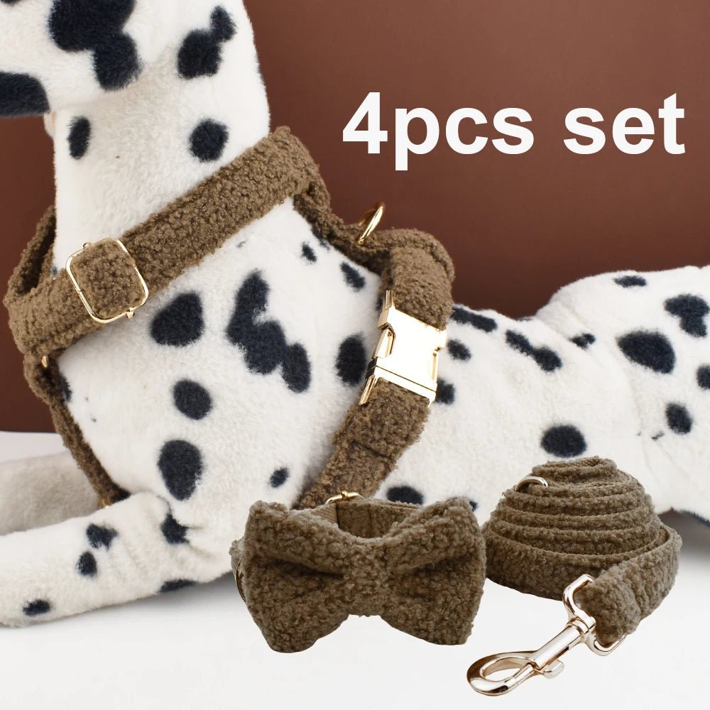 Petspuff Personalised Teddy Fleece Dog Collar & Lead Set – Engraved Name Tag, Harness | 4 Colours - Petspuff