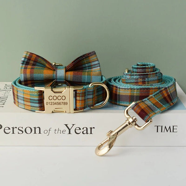 Petspuff Personalised Christmas Dog Collar & Lead Set – Plaid, Engraved Name Tag & Bow Tie